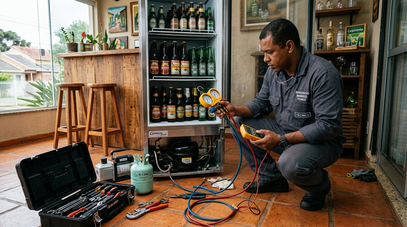 Técnico realizando manutenção de motor de cervejeira em Anápolis‑GO
