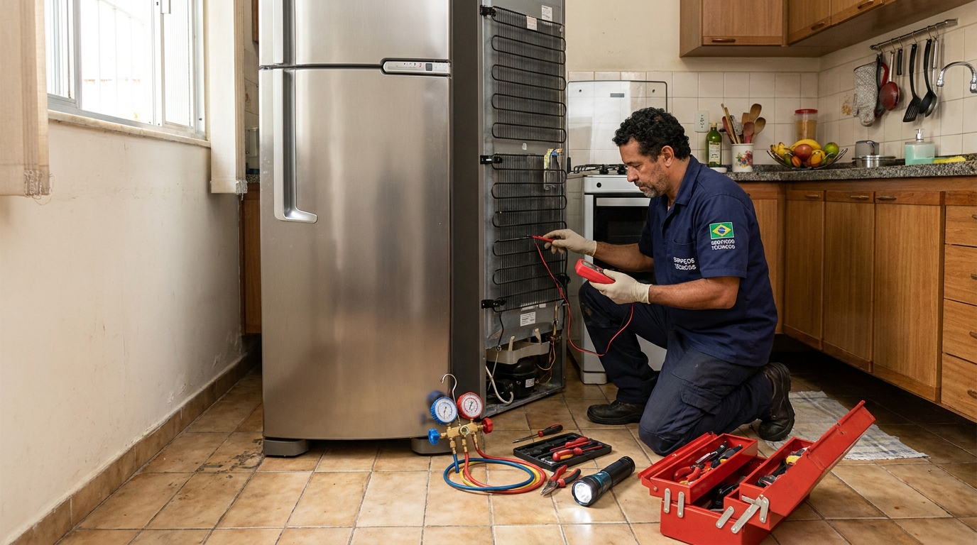 Técnico realizando manutenção de motor de geladeira em Anápolis‑GO